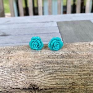 Teal rose stud earrings